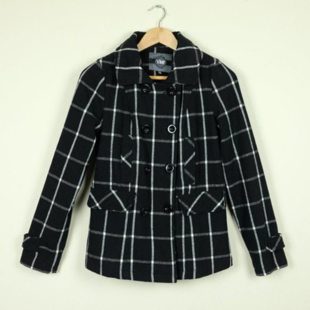 YMI Plaid Polyester Wool Blend Peacoat